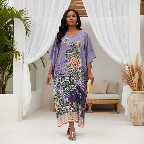 Gypise Blu Other - Floral Printed Purple Polyester Kaftan Dress for Women by Gypsie Blu